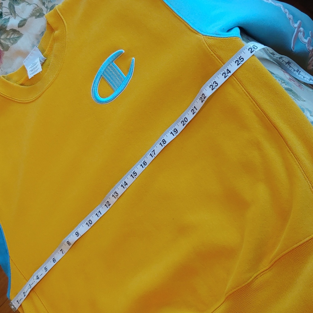 Champion Men's Embroidered Reverse Weave Crewneck in Mustard Teal size Large - Picture 10 of 15